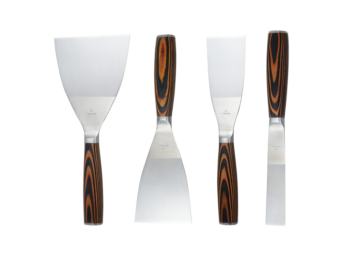 Set De 4 Lâminas De Massa De Aço Inoxidável Com Cabo De Madeira Para Reparação De Parede Drywall E Pintura
