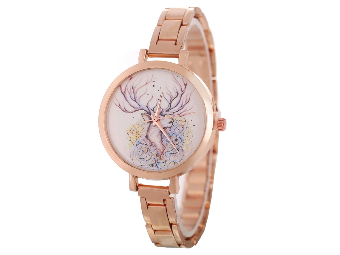 Relógio de Quartzo com Pulseira de Aço Padrão Veado da Sorte Estilo Simples Ouro Rosa
