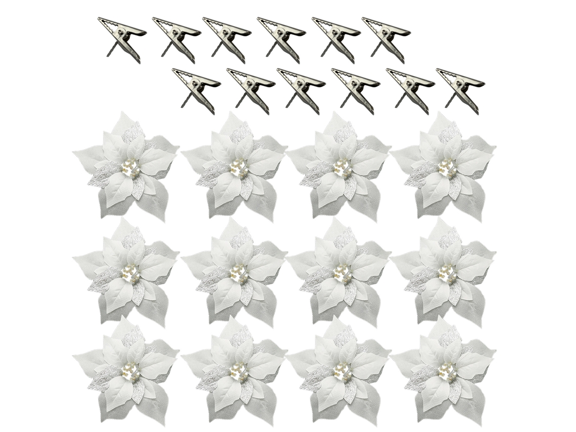 Laxiscreed Flores Decorativas De Natal Em Plástico, 22cm, Pack De 12 Peças Prateadas Com Clips Para Decoração Natalícia
