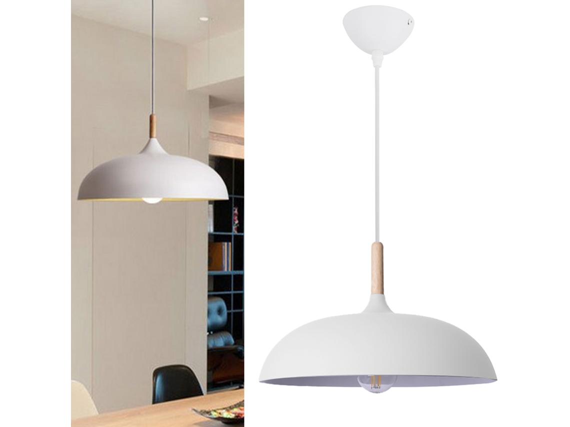 Candeeiro Pendente Industrial Moderno Em Madeira E Metal Branco, Estilo Nórdico, Com Casquilho E27