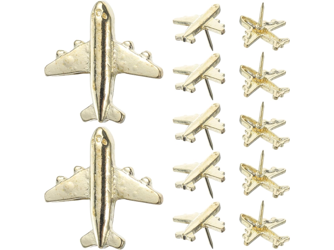 Conjunto de 12 Tachinhas Douradas em Formato Avião para Cortiça Quadros, Fácil de Usar e Guardar, Ideal para Marcar