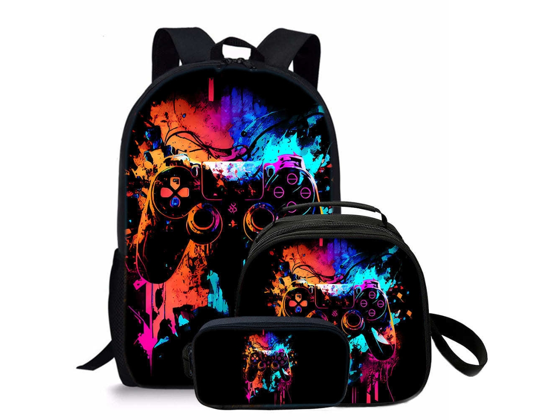 Mochila Conjunto 3 Peças Para Meninos Czhhmart, Estampa De Comando De Jogo, 17 Polegadas, Com Lancheira E Estojo Estilo 2