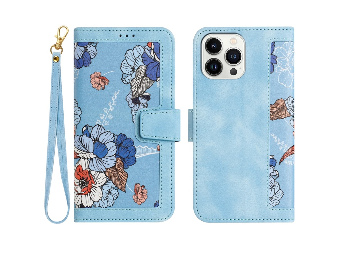 Capa Padrão Flores Para Iphone 15 Pro Max Pele Sintética Com Porta-cartões Multicor