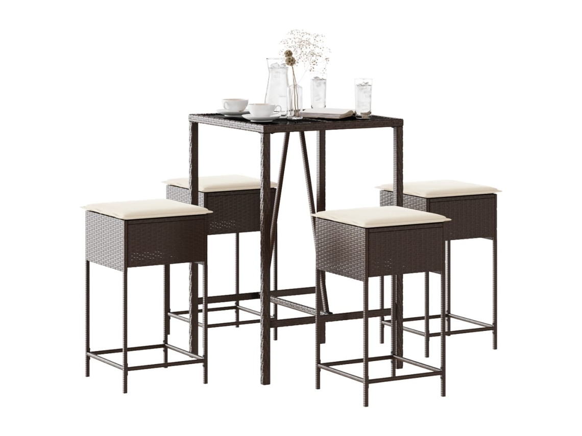 Vidaxl 5 Pcs Conjunto De Bar P/ Jardim C/ Almofadões Vime Pe Castanho