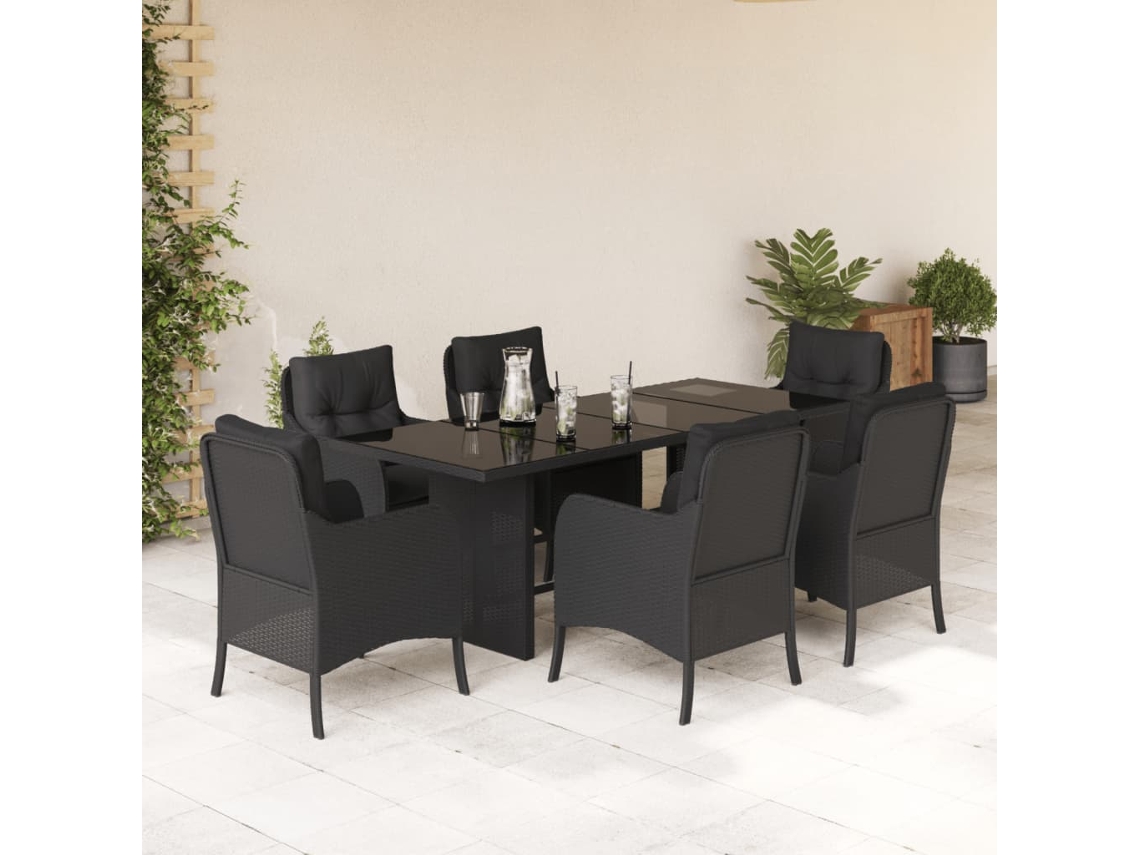 7 Pcs Conjunto De Jantar P/ Jardim C/ Almofadões Vime Pe Preto Dkd Home Decor
