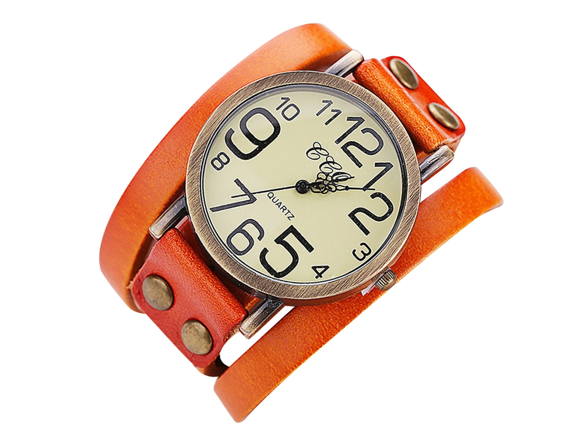 Relógio de quartzo unissex com pulseira vintage em couro PU CCQ (laranja)