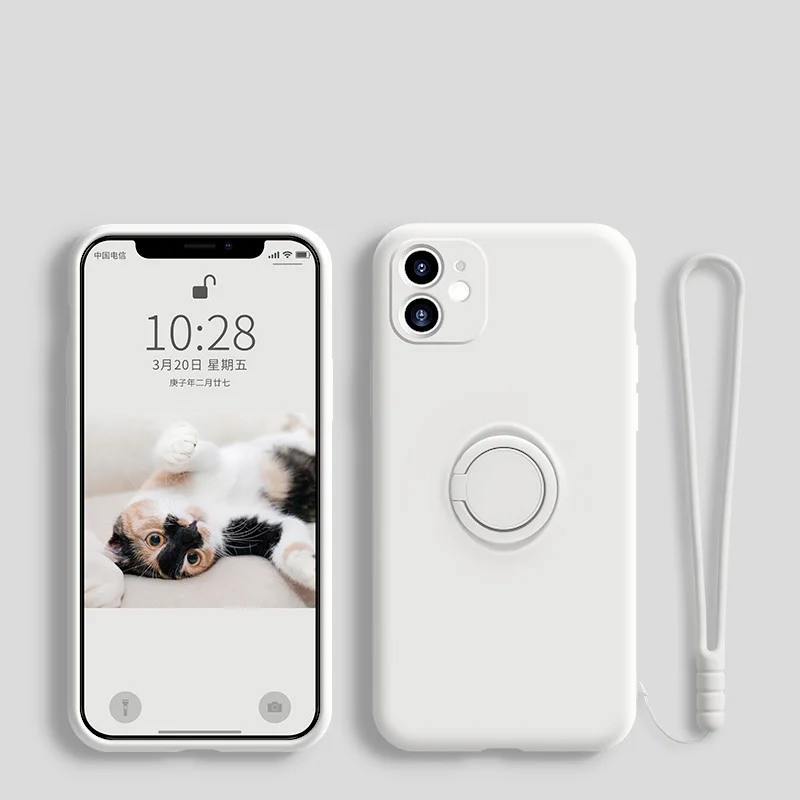 Capa De Silicone Líquido Macio Para Iphone 14 Plus (branco) Com Suporte, Anel E Alça De Pulso.