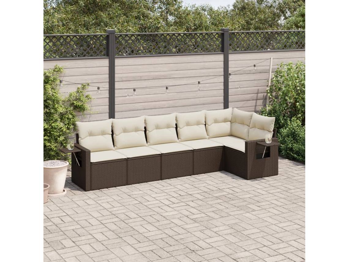 6 Pcs Conjunto De Sofá Jardim C/ Almofadões Vime Pe Marrom Dkd Home Decor