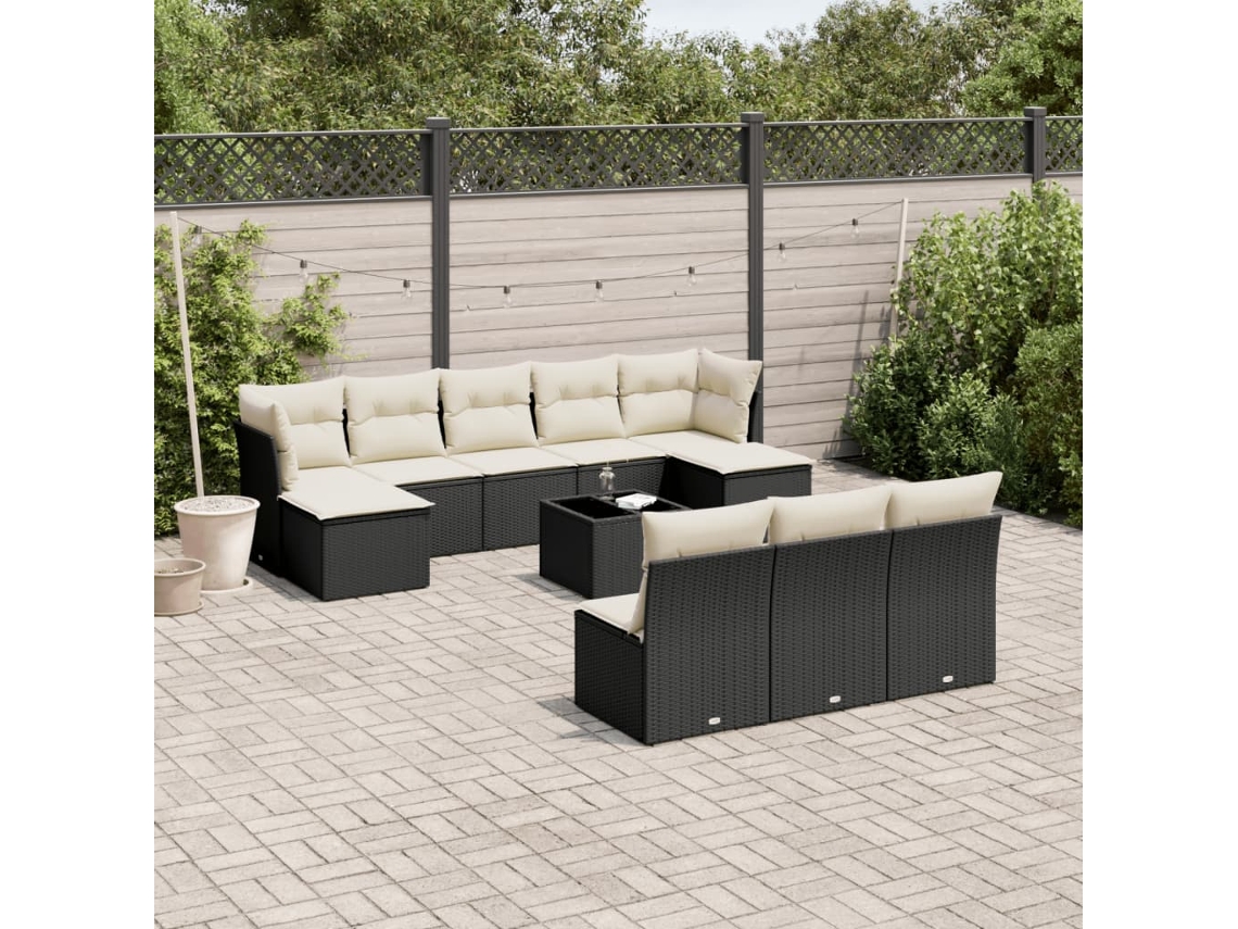Vidaxl 11 Pcs Conjunto Sofás De Jardim C/ Almofadões Vime Pe Preto