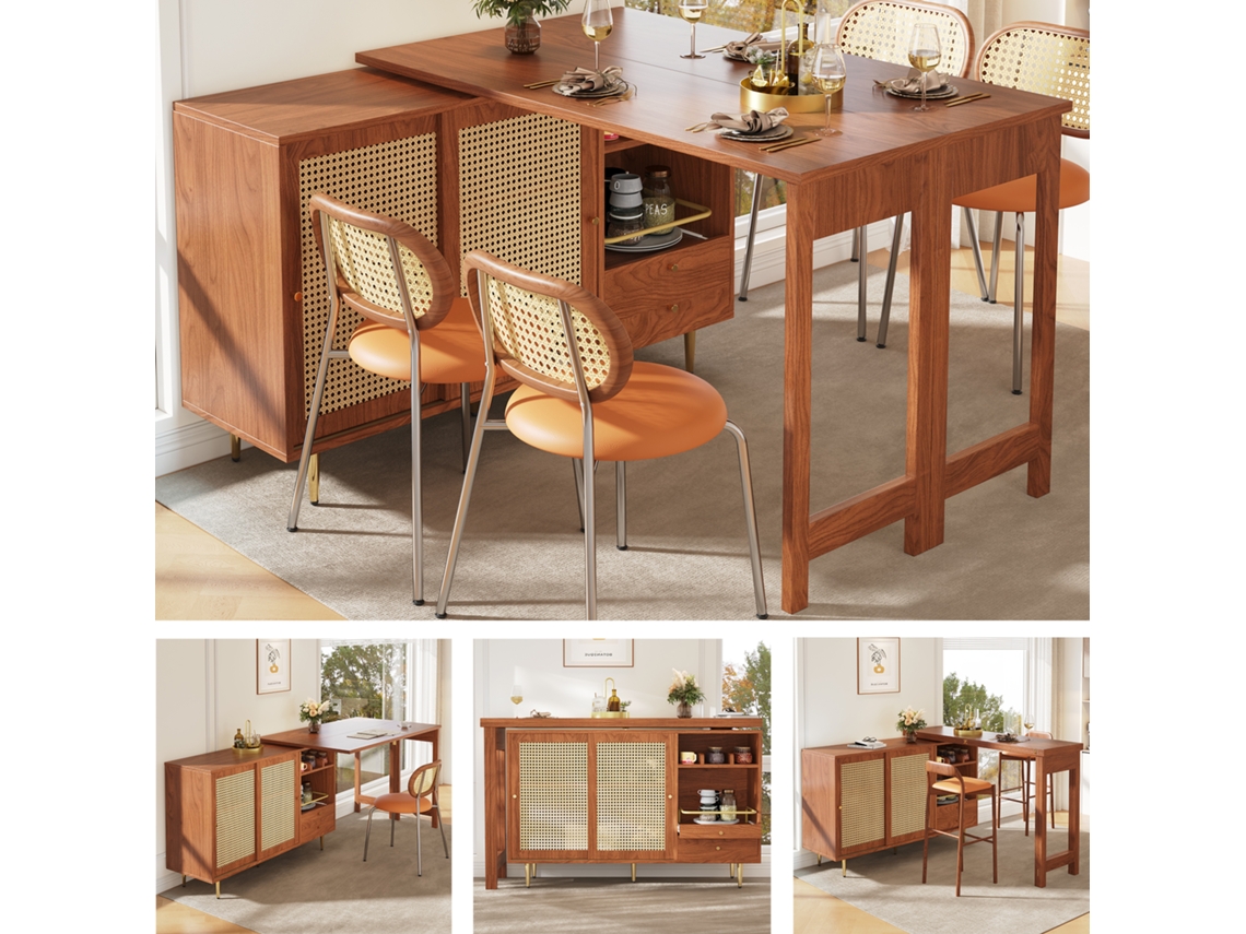 Mesa Bar Giratória Extensível Rattan Marrom Armazenamento