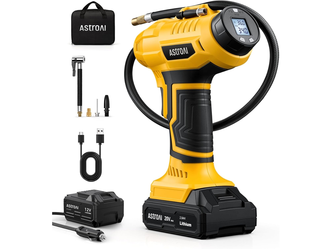 Compressor de ar 2 em 1 com cilindro metálico e bateria de 20 V