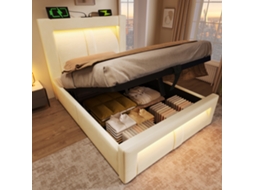 Cama Solteiro 90x200cm Armazenamento Led App Usb Type-c Bege