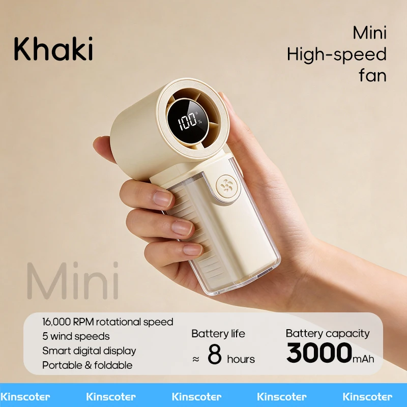 (cáqui) Mini Ventilador De Alta Velocidade De 3000mah, 5 Configurações De Velocidade Do Vento, Display Led.