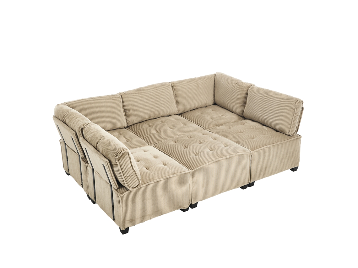 Sofá Modular De Veludo Para 6 Pessoas Com Armazenamento, Design Ergonômico, Configurações Em U Ou L, Cor Caqui