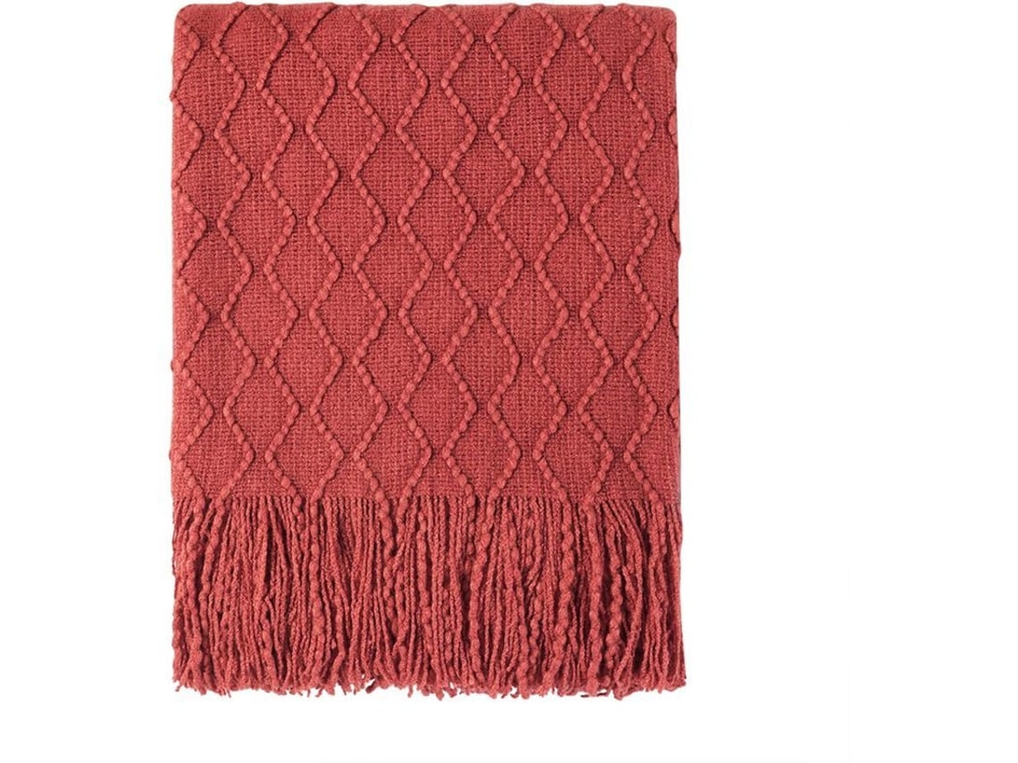 Manta decorativa tecida de sofá com textura e franja, cor rust | S/MARCA