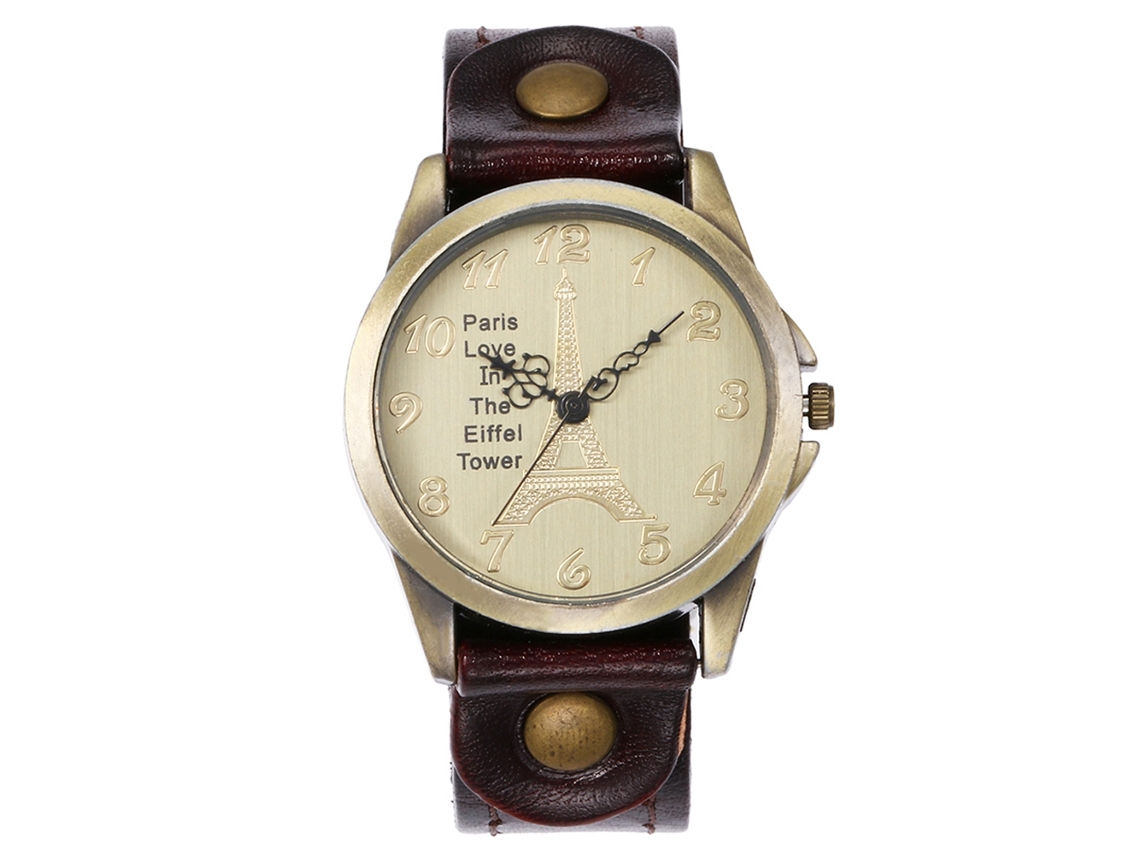 Reloj De Cuarzo Con Correa De Cuero Pu Redondo Estilo Retro Punk Torre Eiffel (café Oscuro)