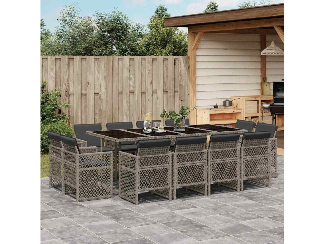 Vidaxl 13 Pcs Conjunto Jantar P/ Jardim C/ Almofadões Vime Pe Cinzento