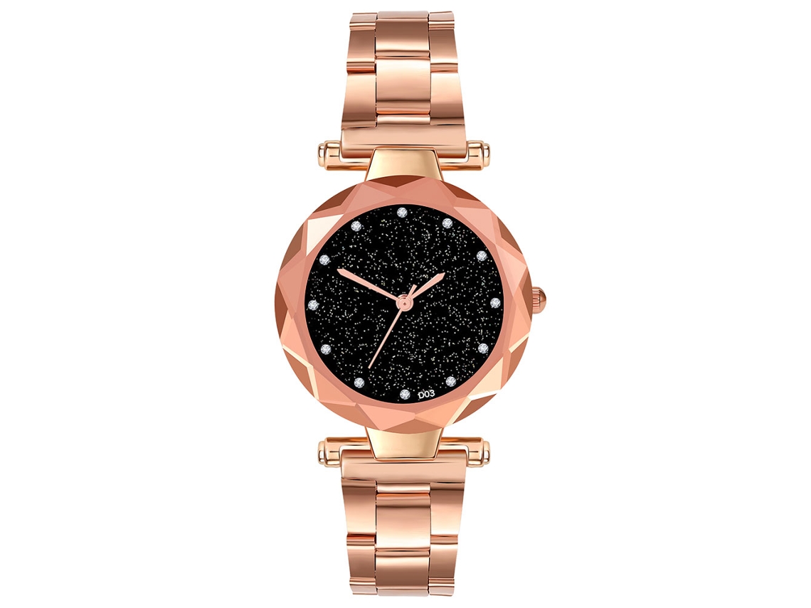 Relógio de Pulso Feminino de Quartzo com Pulseira de Aço Mostrador Céu Estrelado Strass Ouro Rosa
