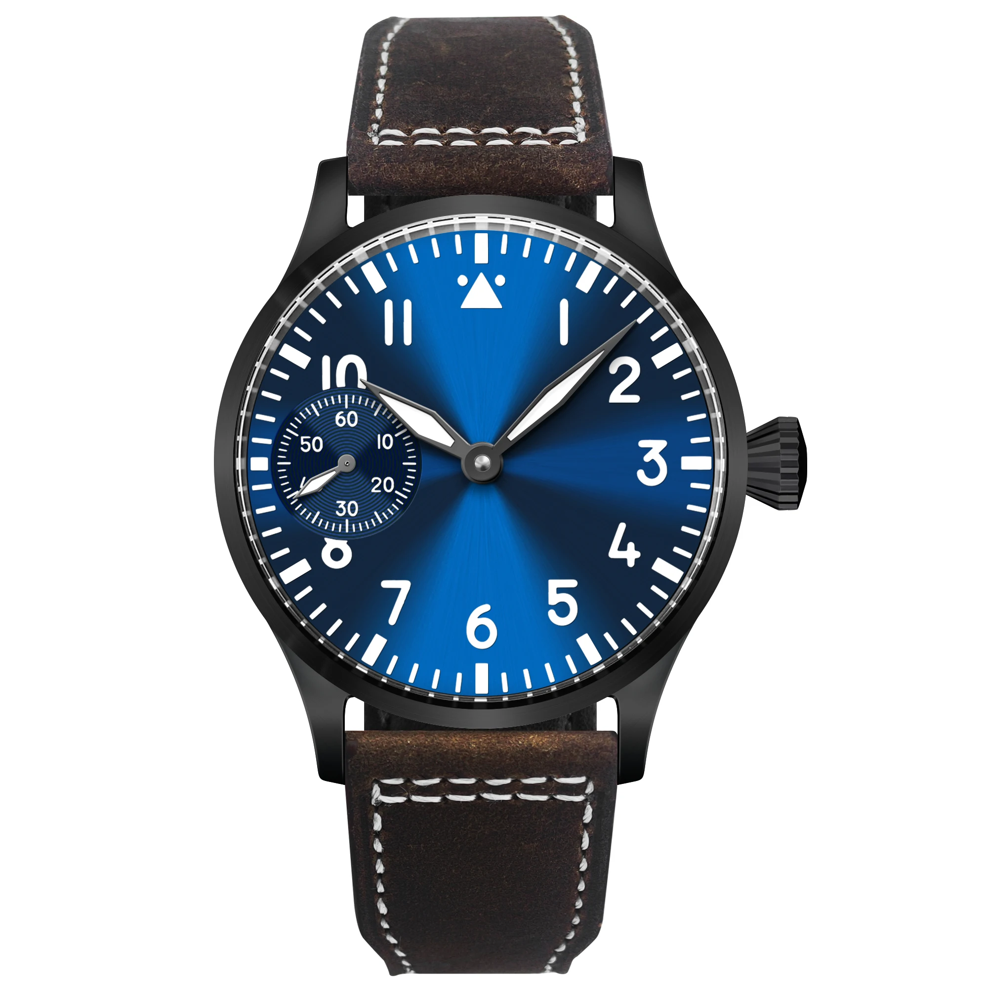 (azul) Relógio Masculino Mecânico Manual De 44 Mm, Pulseira De Couro Preta, Luminoso, À Prova D'água, Estilo Casual.