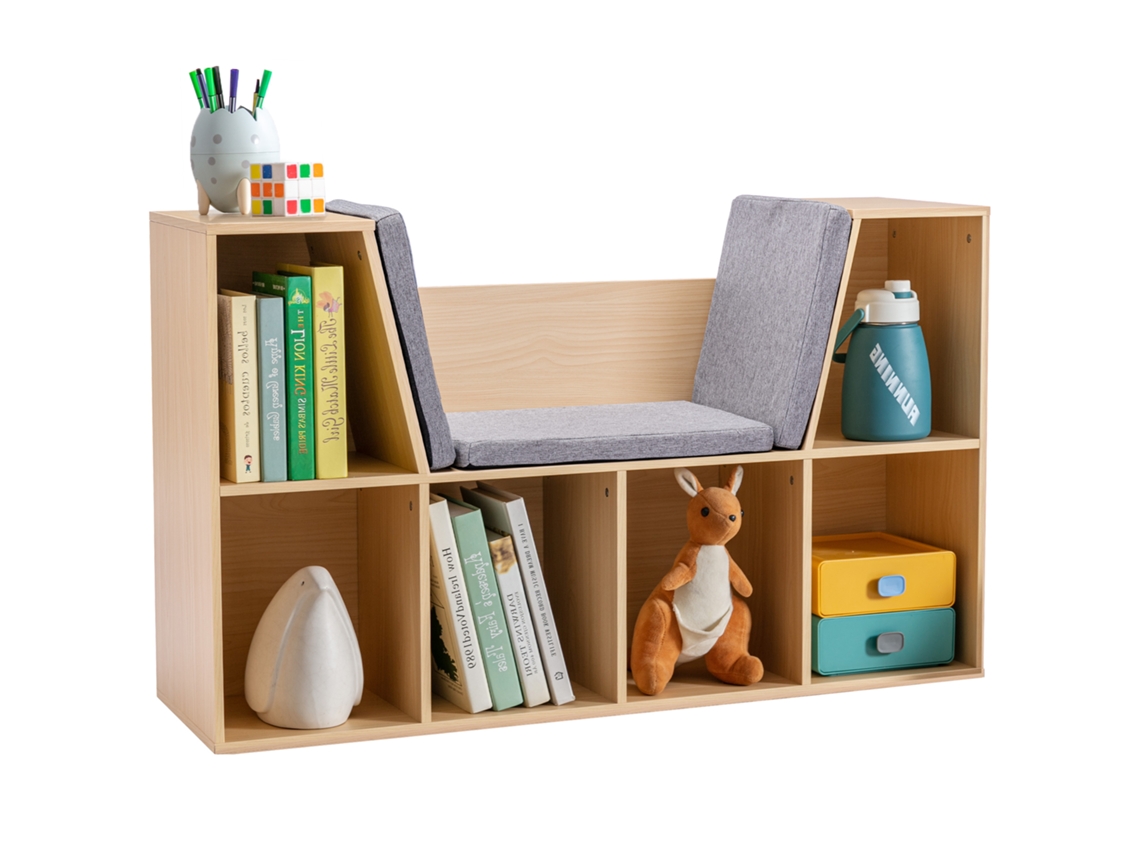 Prateleira 2-em-1 Infantil Com Banco E Almofada, 103x30x62cm, Branco+cinza