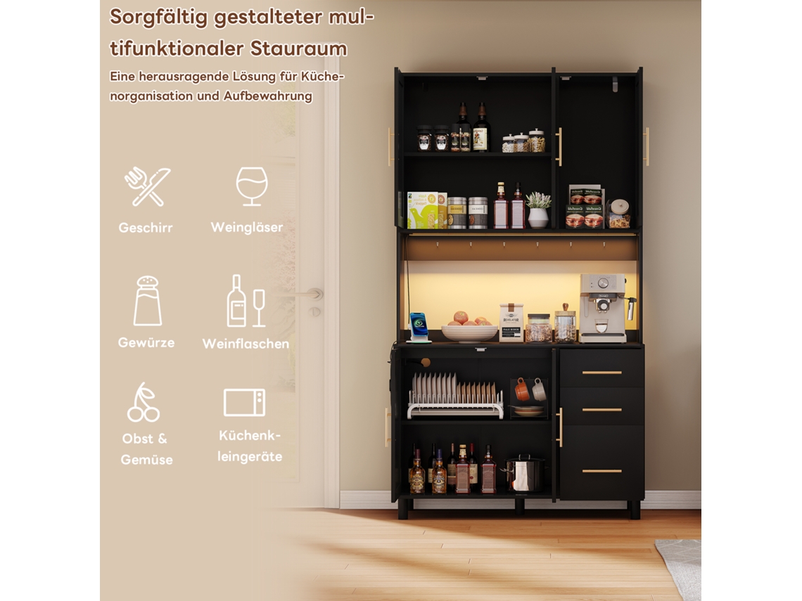 Buffet De Cozinha 183cm Led Decorativo Controlável Por App, Duas Usb, Duas Tomadas, Três Gavetas, Punhos Dourados, Prateleiras Ajustáveis