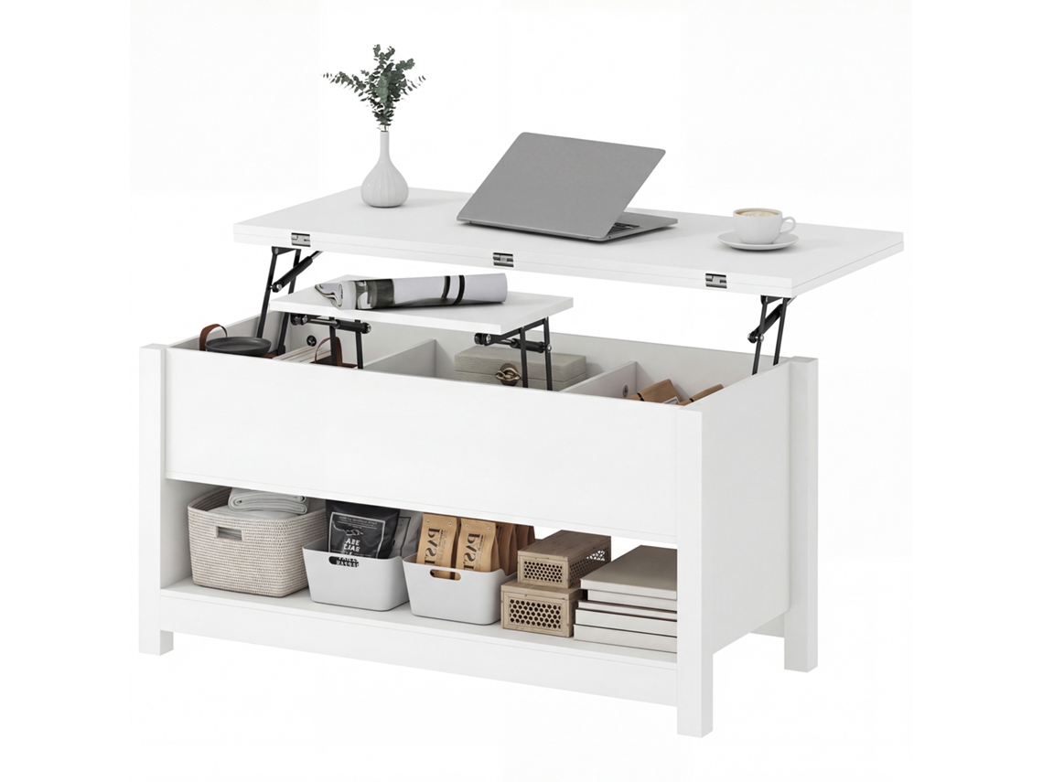 Mesa Centro Dobrável Extensível Compartimentos Ocultos Prateleira Aberta - Moderno Branco 100x90x64cm