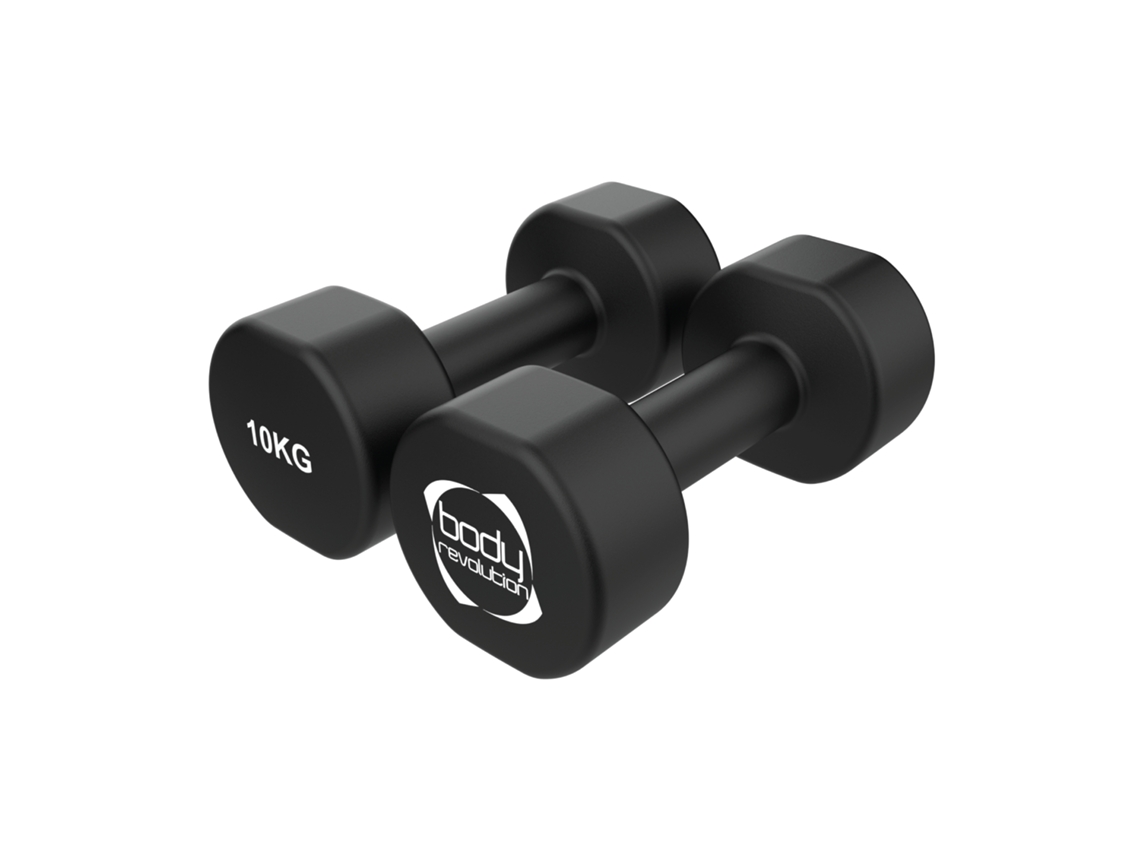 Par De Halteres De Neoprene 2 X 10 Kg, Pesos Em Ferro Fundido Com Revestimento Antiderrapante, Formato Hexagonal