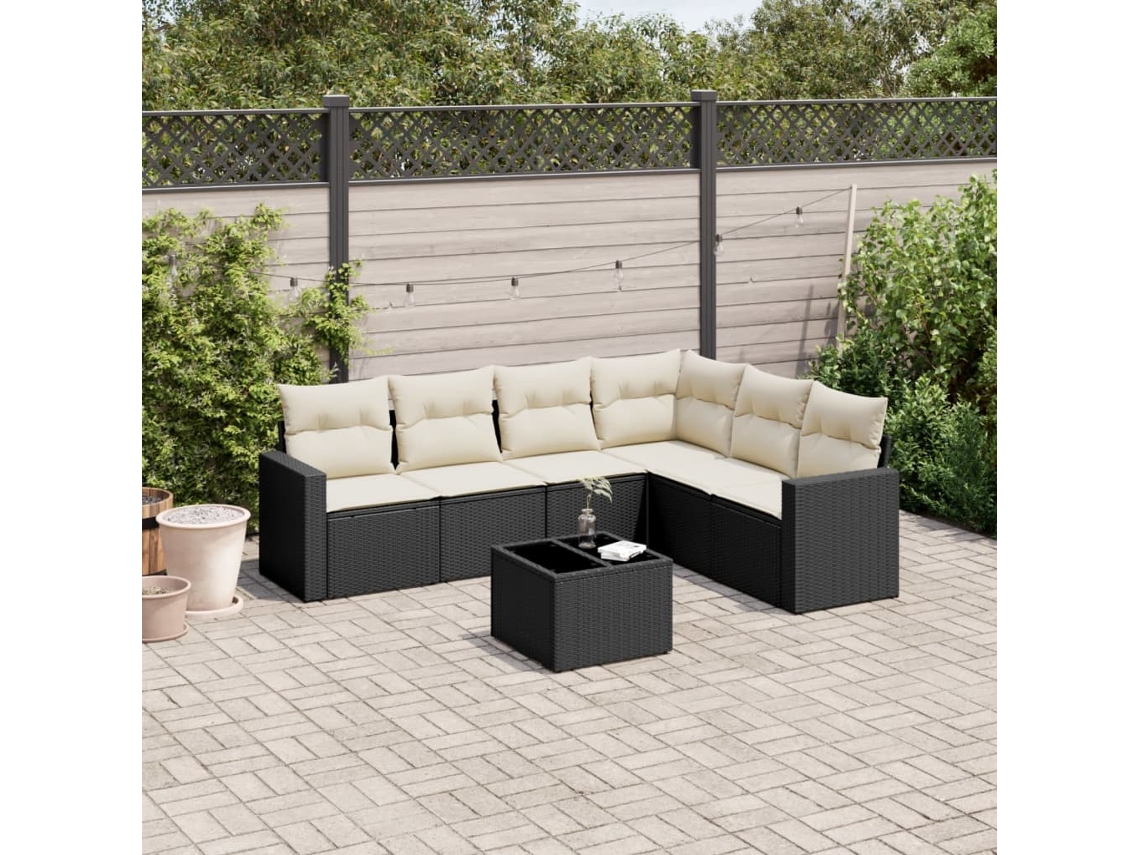 Vidaxl 7 Pcs Conjunto De Sofás P/ Jardim C/ Almofadões Vime Pe Preto