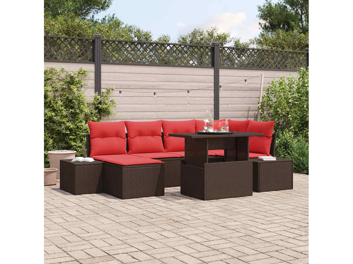 Vidaxl Conjunto De Sofá De Jardim 7 Unid. Marrom E Vermelho Vime Pe