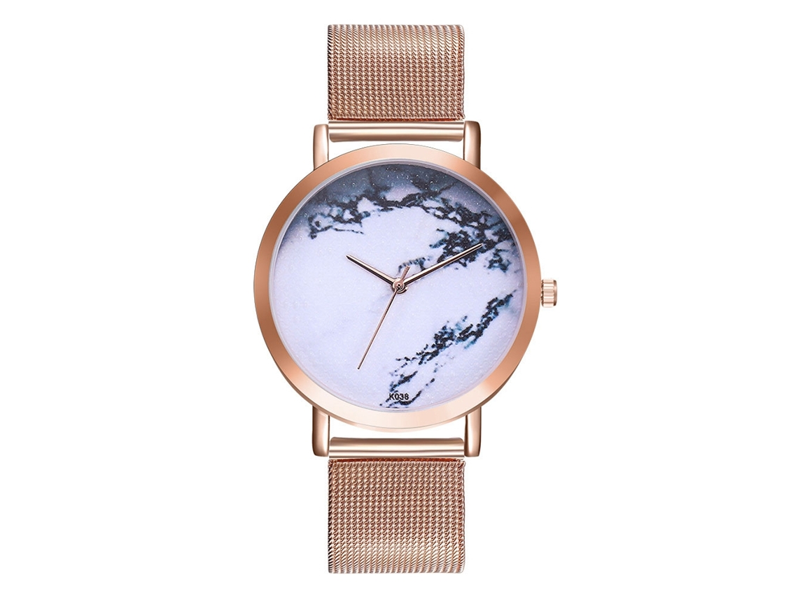 Relógio de quartzo unissex Zhoulianfa K038-w1 em ouro rosa com pulseira de malha.