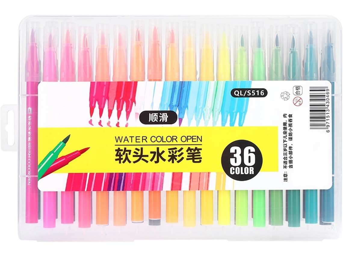 Caneta Aquarela De Ponta Macia, 36 Cores, Lavável, Material Artístico