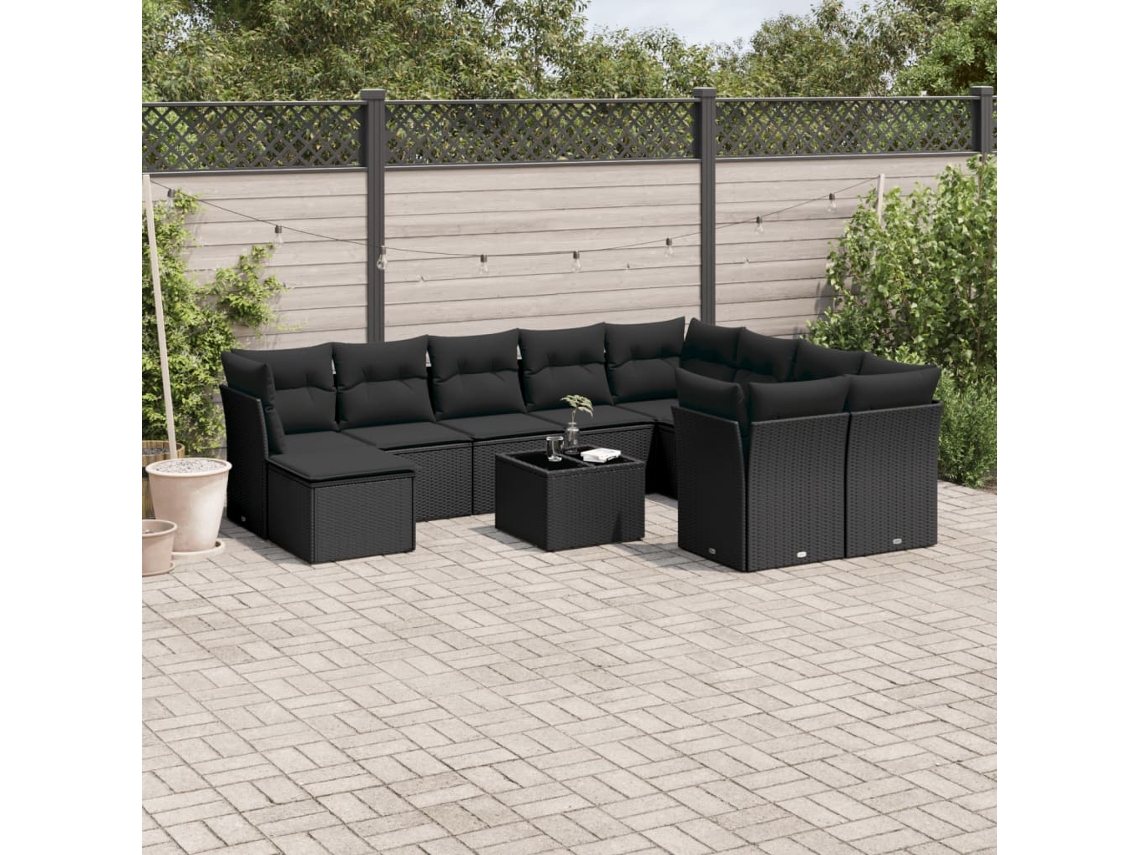 Vidaxl 11 Pcs Conjunto Sofás De Jardim C/ Almofadões Vime Pe Preto