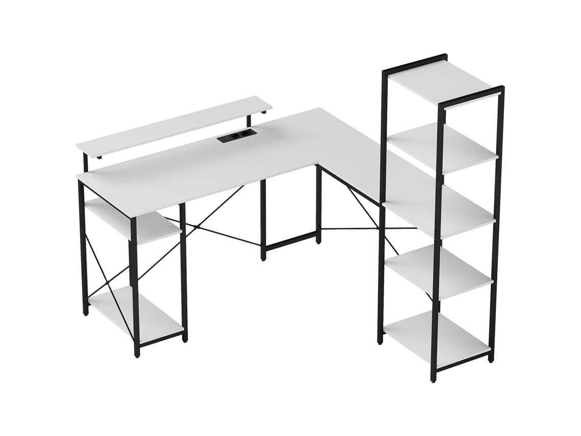Escrivaninha De Canto Com Tomada Elétrica E Usb, Cor Preto E Branco, Com Prateleira E Suporte Para Monitores