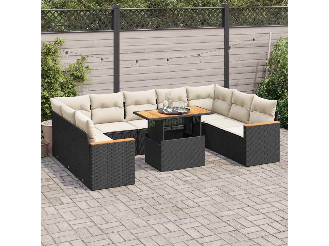 Vidaxl 10 Pcs Conjunto Sofás Jardim C/ Almofadões Vime Pe/acácia Preto