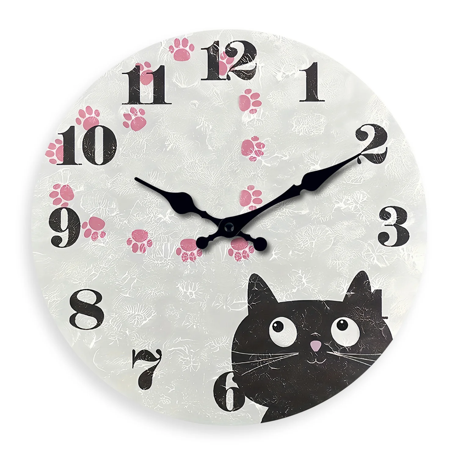 Relógio De Parede De Madeira Personalizado (25 Cm) Com Estampa De Coração E Pata De Gato Preto, Silencioso E Com Mecanismo De Quartzo.