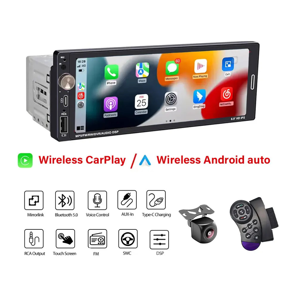 (ahd) Sistema Multimídia Automotivo 1din, Tela Sensível Ao Toque Carplay De 6,9 Polegadas, Bluetooth, Usb.