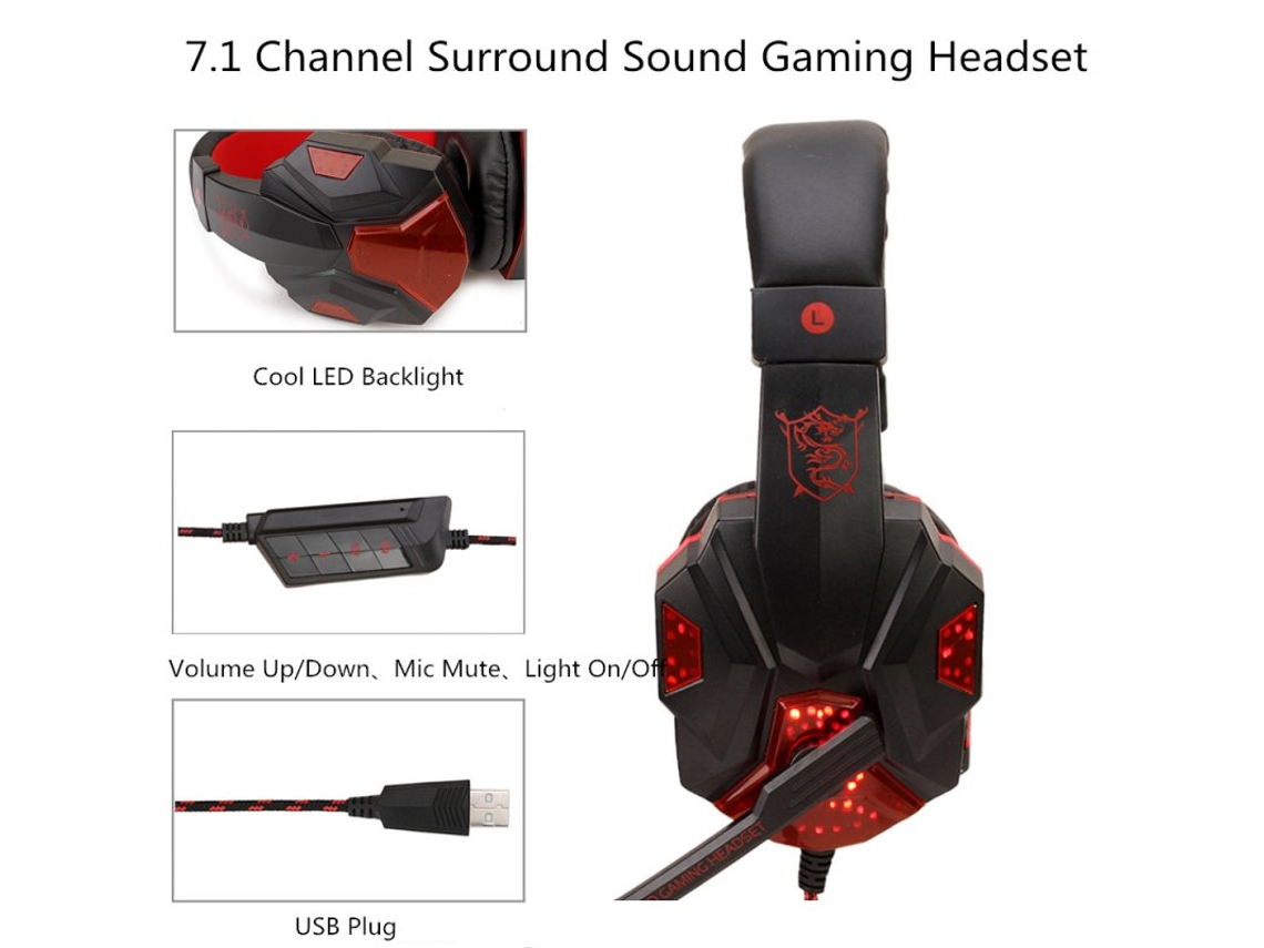 Auscultadores para Jogos Usb 5.1 Estéreo Game Light Dobrável para Gamer Preto Vermelho