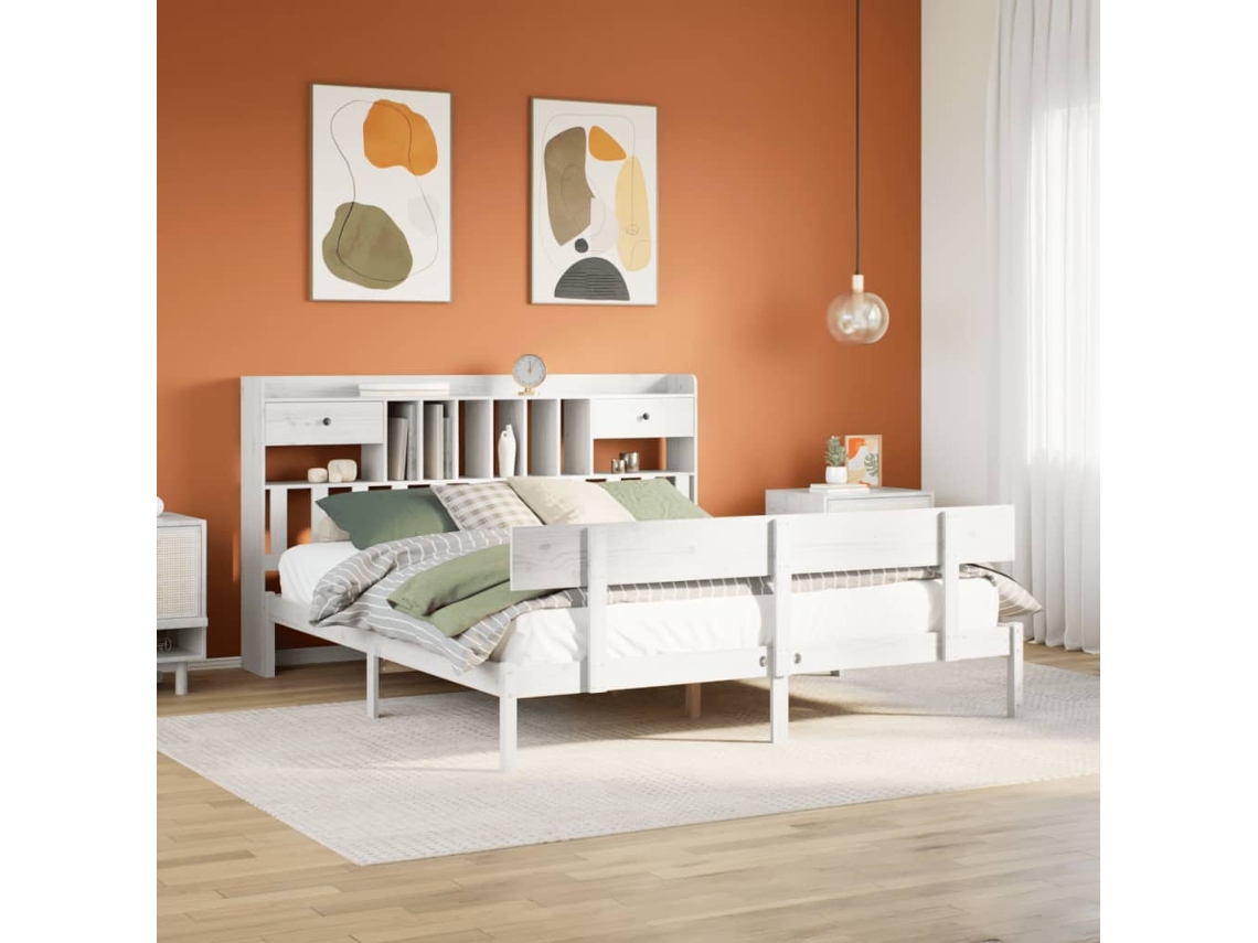 Vidaxl Cama Com Estante Sem Colchão 180x200 Cm Pinho Maciço Branco