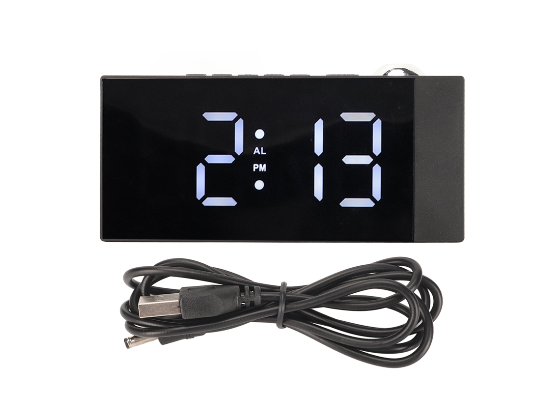 Reloj Despertador Digital Proyección 180° Rotación Brillo Ajustable Carga Usb Luz Blanca Led