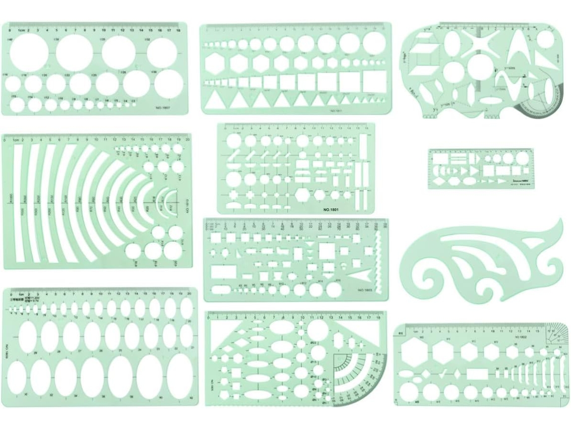 Conjunto De 11 Réguas Geométricas De Plástico Verde Para Desenho E