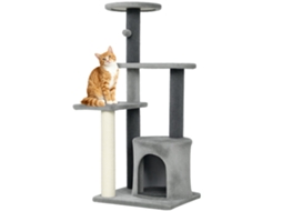 Árvore Gato Altura 103cm, Plataformas, Cabana Em Peluche, Bolas E Postes Sisal, Base Reforçada, Cinza