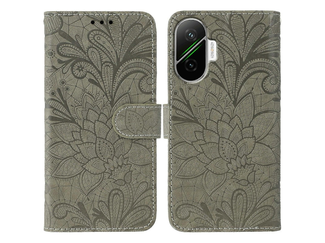 Capa Tipo Carteira De Couro Sintético Com Flores De Renda Para Xiaomi Poco F7 5g E Redmi Turbo 4 Pro 5g, Cinza