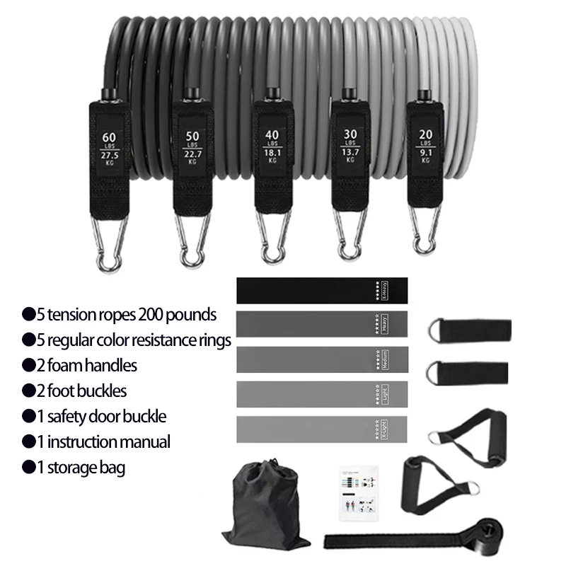 Conjunto De Faixas Elásticas De Resistência Para Fitness (200 Lb, Cinza, 17 Peças), Cabos Para Pilates E Ioga