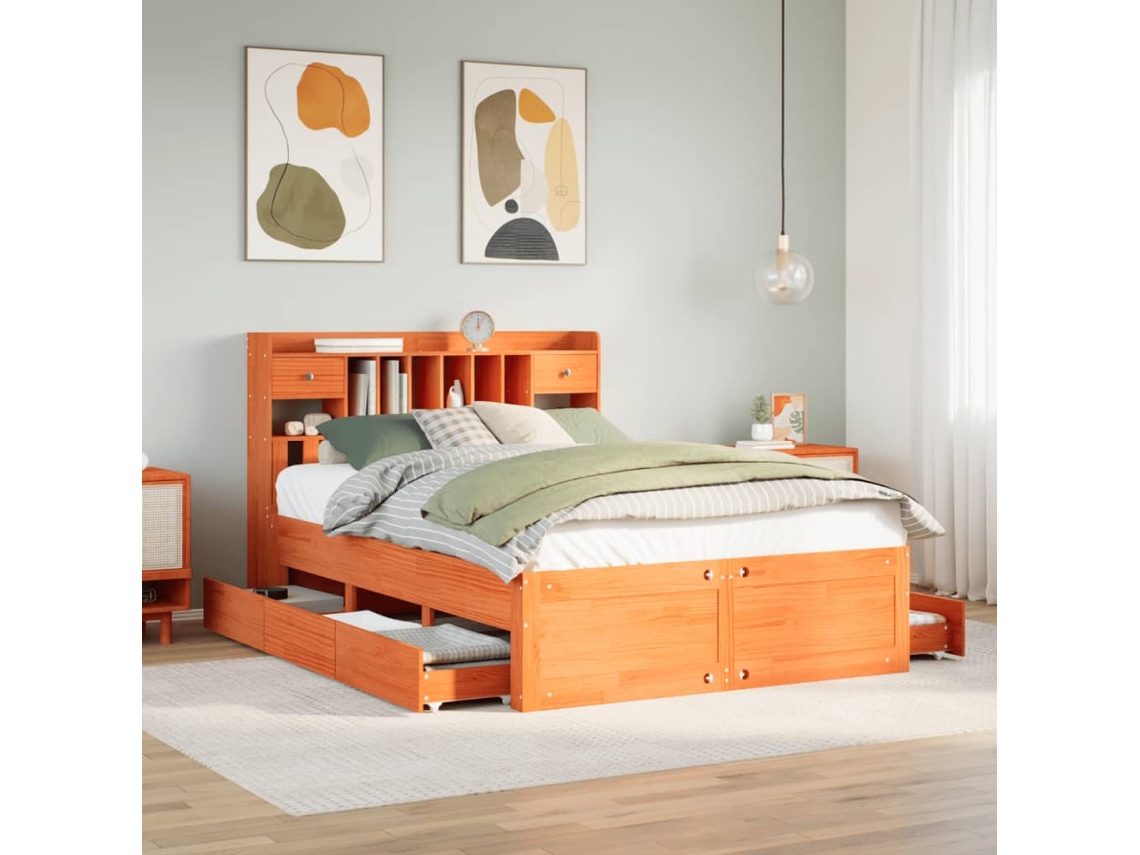 Vidaxl Cama Com Estante Sem Colchão 150x200 Cm Pinho Maciço