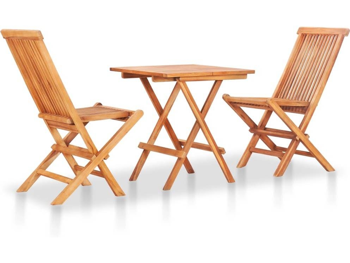 vidaXL Conjunto bistrô c/ almofadões xadrez cinzento 3 pcs teca maciça