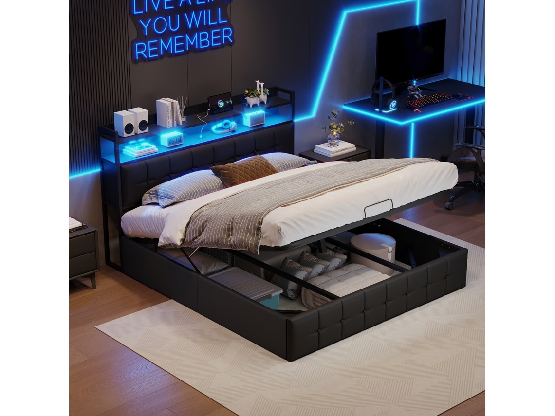 Cama Casal Led De Armazenamento Hidráulico, 160x200cm, Cabeceira Acolchoada Com Luz Rgb, Niche E Pistão Pneumático, Suporte 450kg