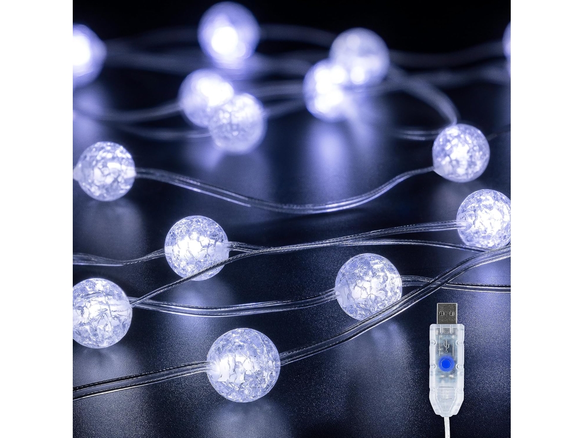 Cordão de Luzes Globe, 3 M, 30 Leds, Usb, Bolas de Cristal À Prova D'água com Efeito Craquelado e 8 Modos BRILVIBERA