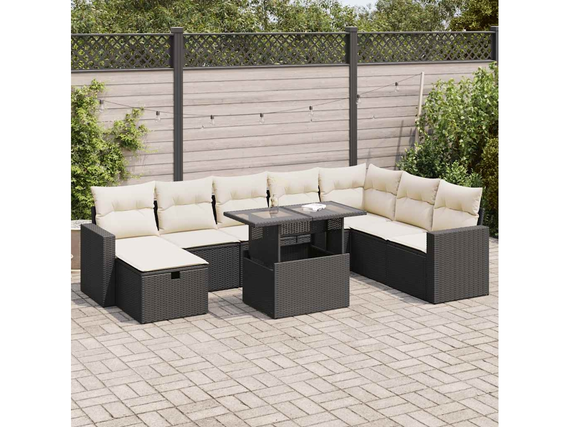 Vidaxl 9 Pcs Conjunto De Sofás P/ Jardim C/ Almofadões Vime Pe Preto