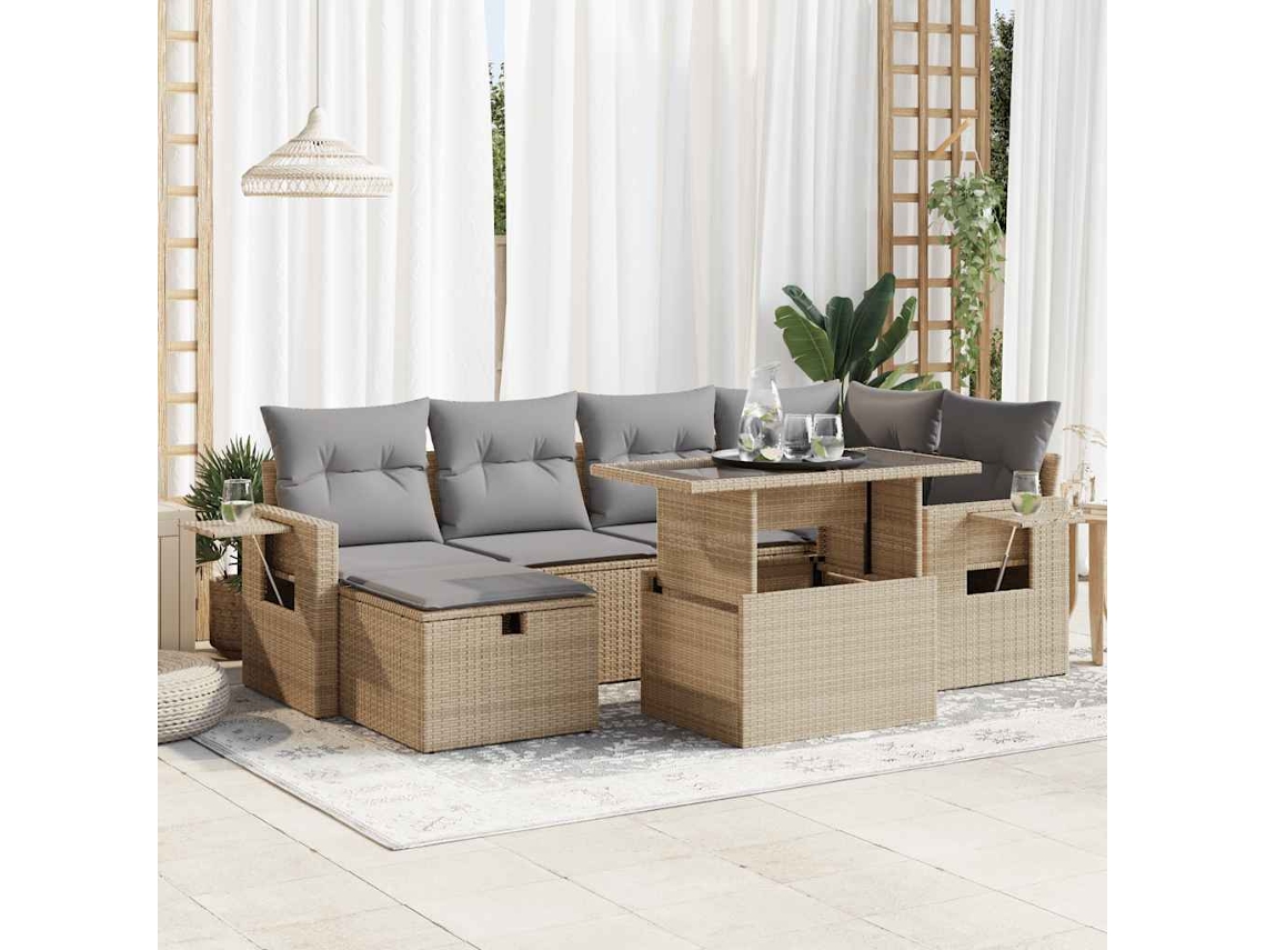 Vidaxl 7 Pcs Conjunto De Sofás P/ Jardim Com Almofadões Vime Pe Bege