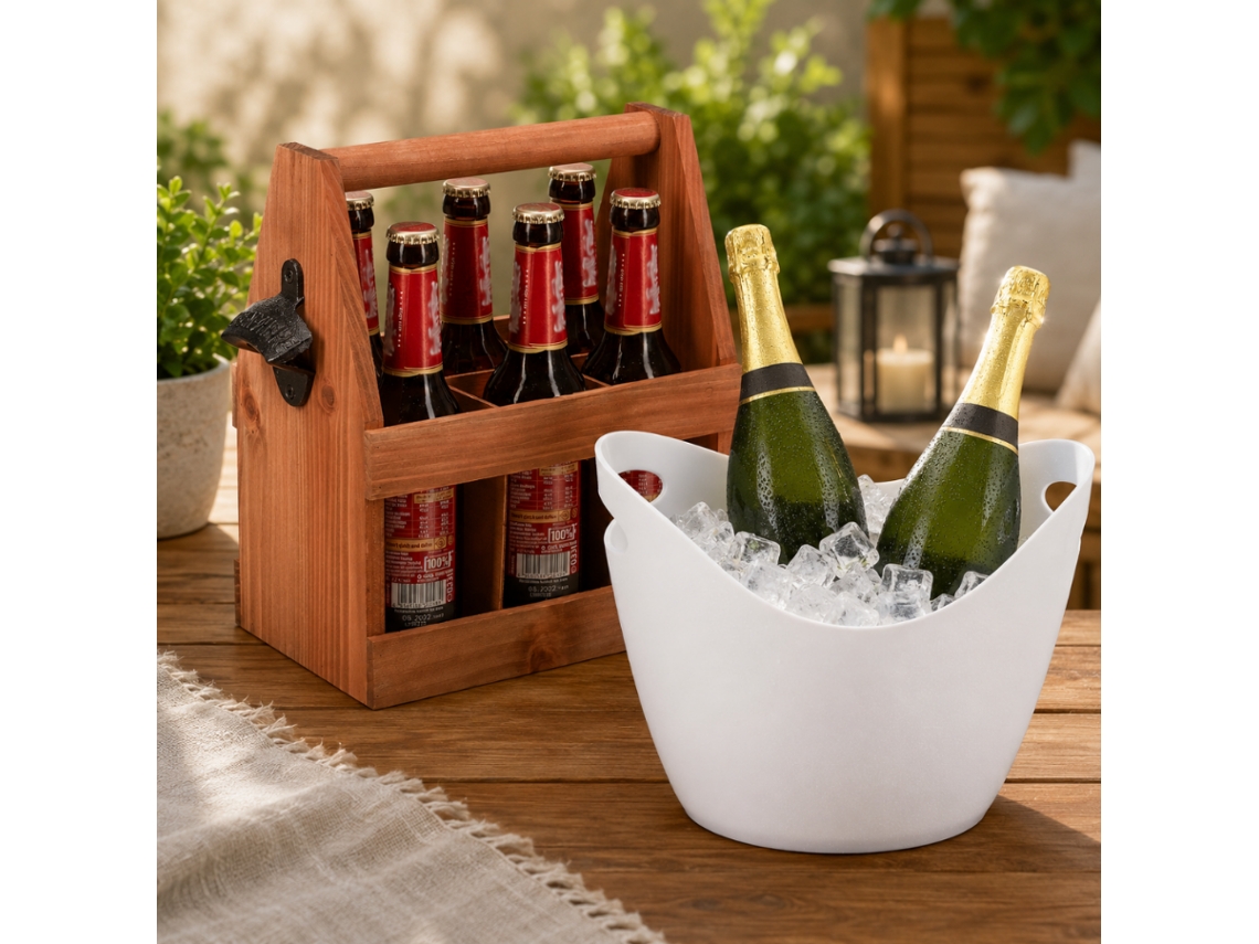 Conjunto Servir Cerveja e Bebidas 2 Peças: Suporte Madeira 6 Garrafas com Abridor e Balde Gelo 8 L NORTHIO